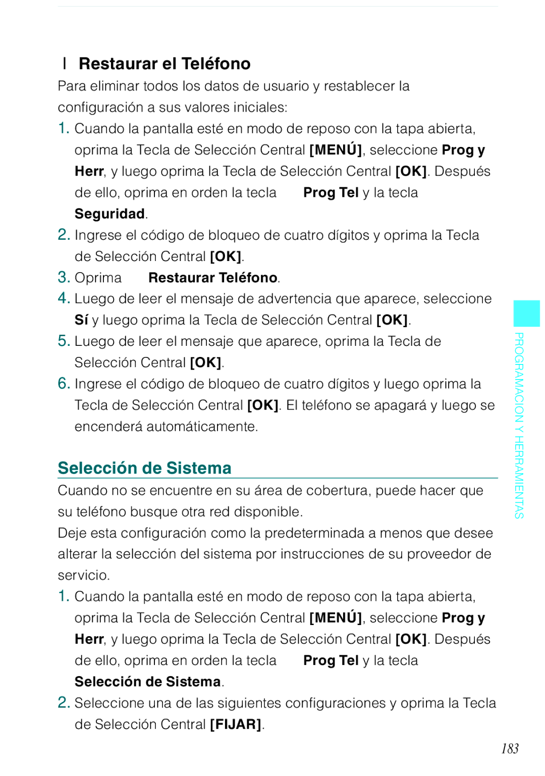 Casio C731 manual Restaurar el Teléfono, Selección de Sistema, 183, Oprima Restaurar Teléfono 