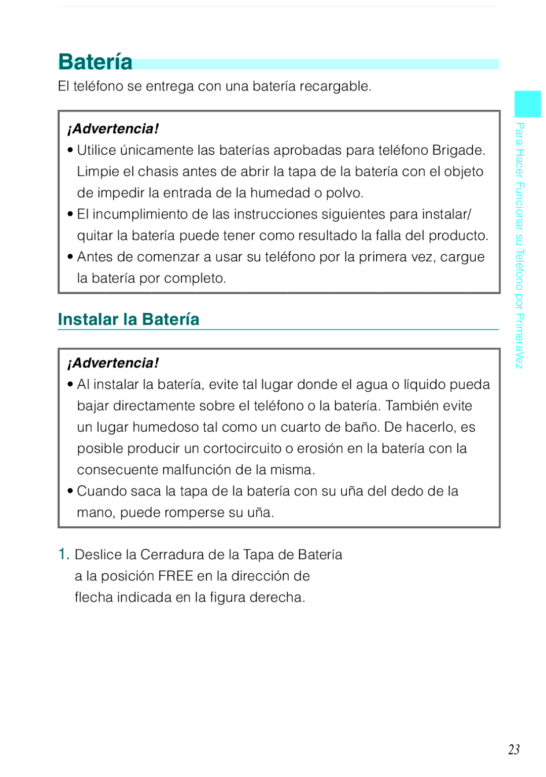 Casio C731 manual Instalar la Batería, El teléfono se entrega con una batería recargable 