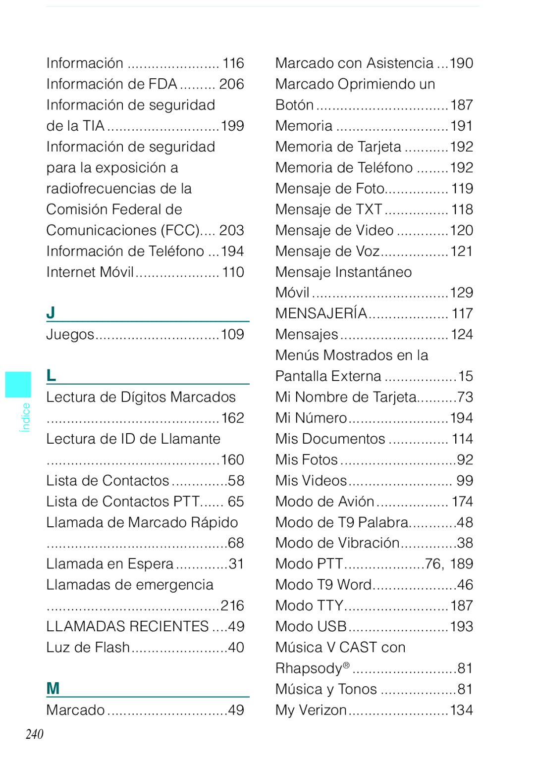 Casio C731 manual 240, Juegos, Marcado con Asistencia, Mensaje de Voz, My Verizon 