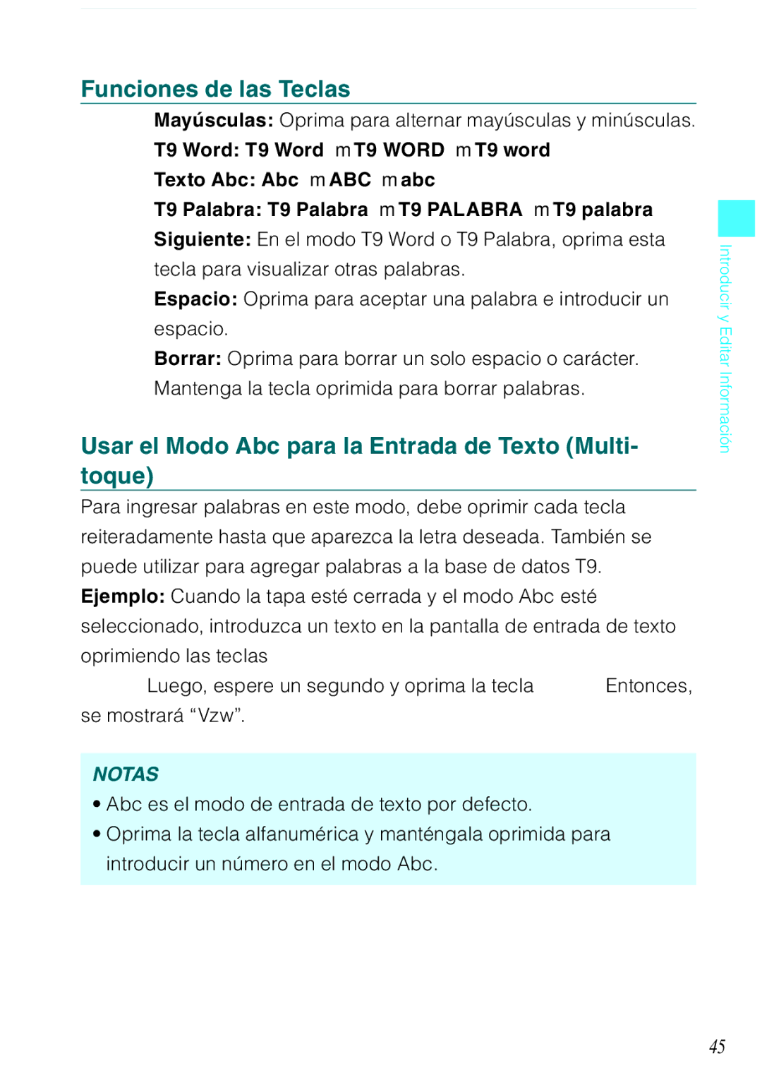 Casio C731 manual Funciones de las Teclas, Usar el Modo Abc para la Entrada de Texto Multi- toque 