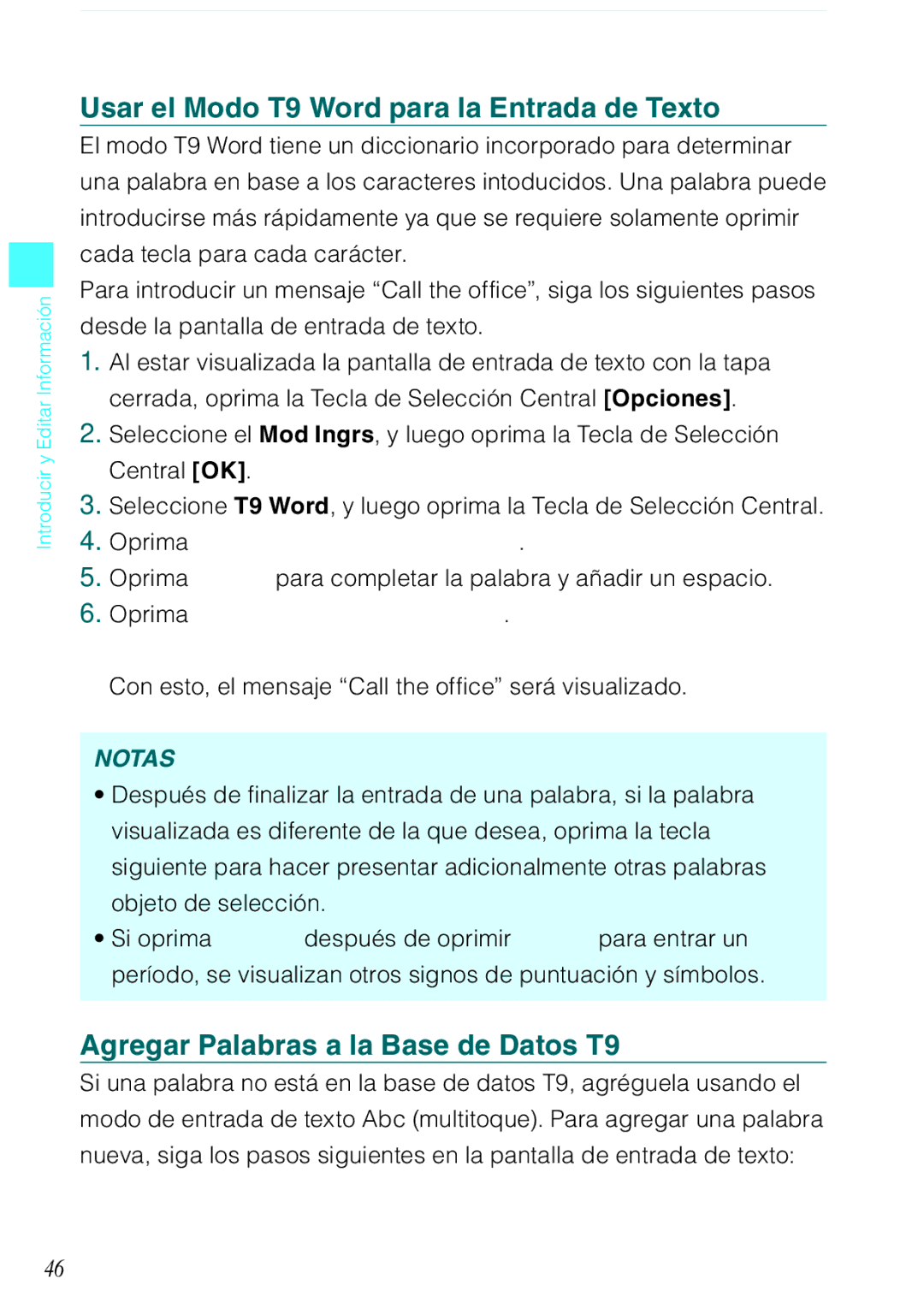 Casio C731 manual Usar el Modo T9 Word para la Entrada de Texto, Agregar Palabras a la Base de Datos T9 