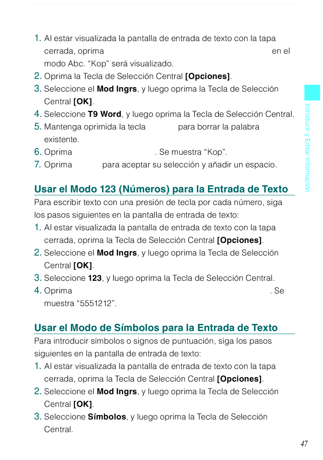 Casio C731 manual Usar el Modo 123 Números para la Entrada de Texto, Usar el Modo de Símbolos para la Entrada de Texto 