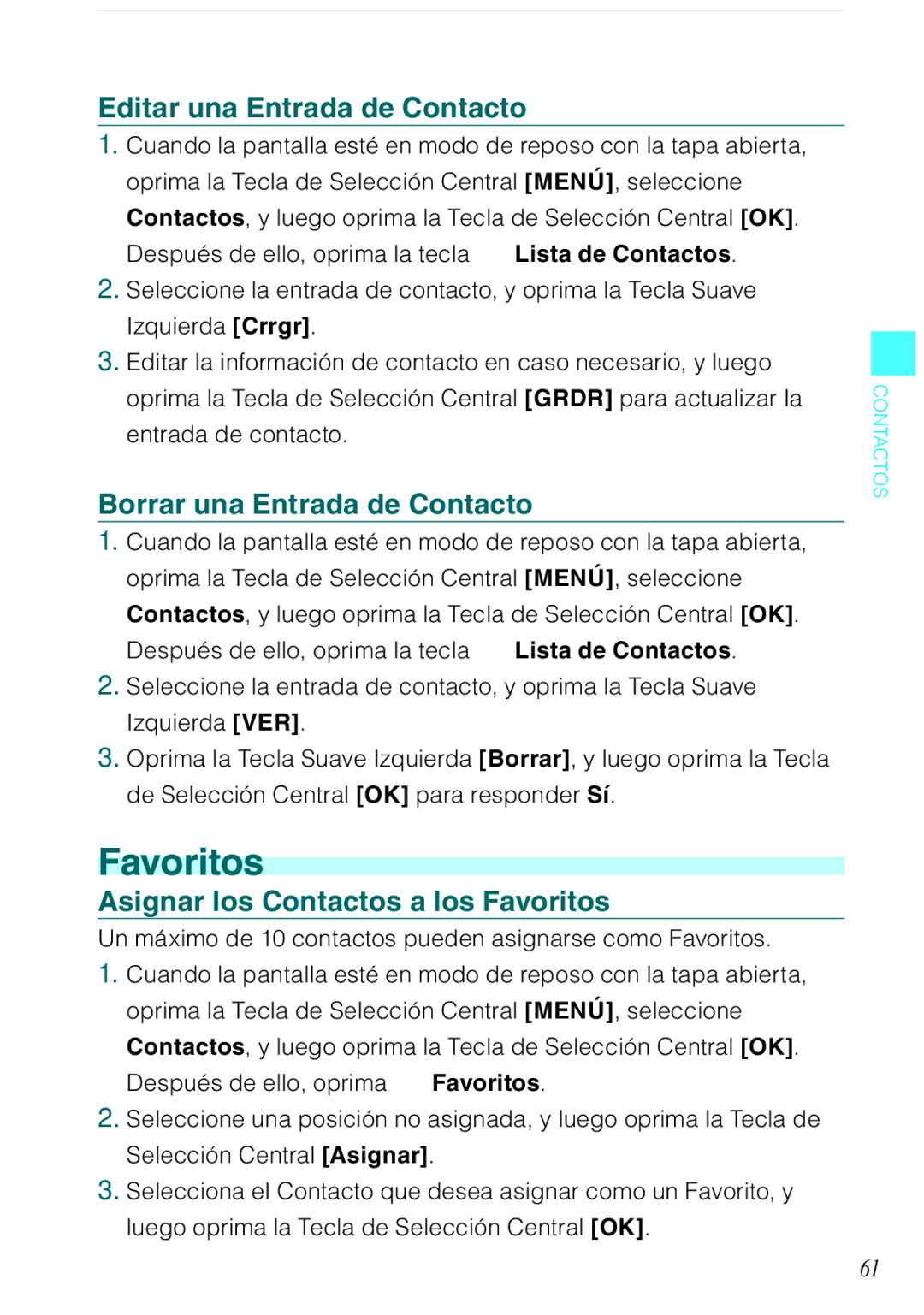 Casio C731 manual Favoritos, Editar una Entrada de Contacto, Borrar una Entrada de Contacto 
