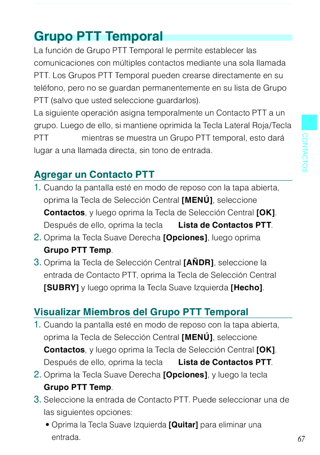 Casio C731 manual Agregar un Contacto PTT, Visualizar Miembros del Grupo PTT Temporal 