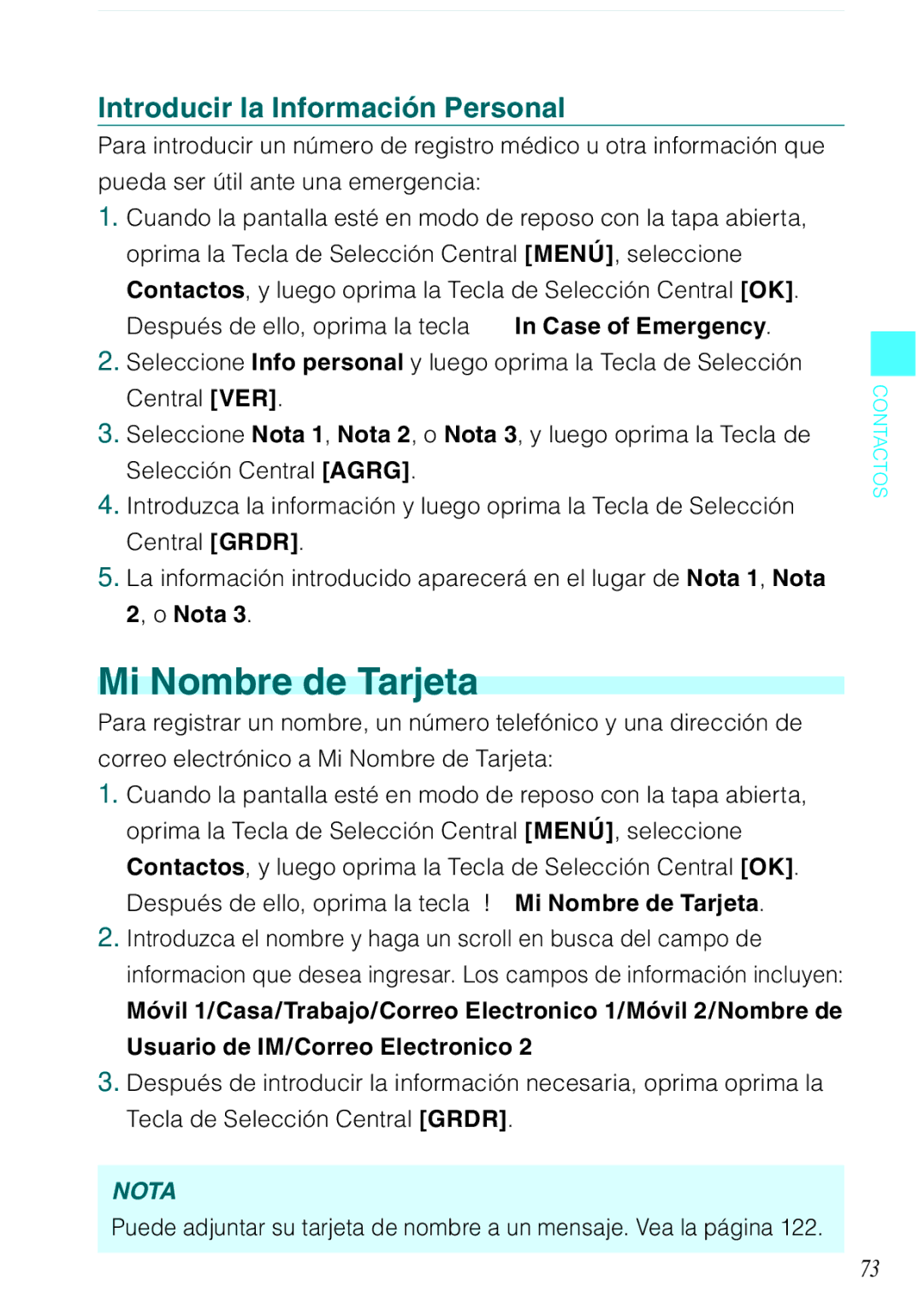 Casio C731 manual Mi Nombre de Tarjeta, Introducir la Información Personal 