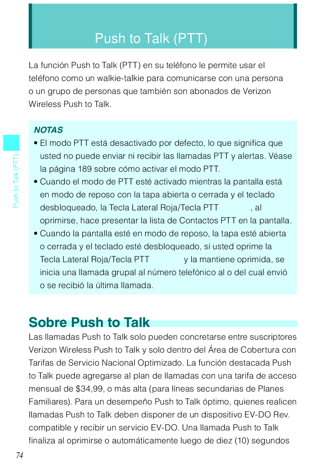 Casio C731 manual Push to Talk PTT, Sobre Push to Talk 