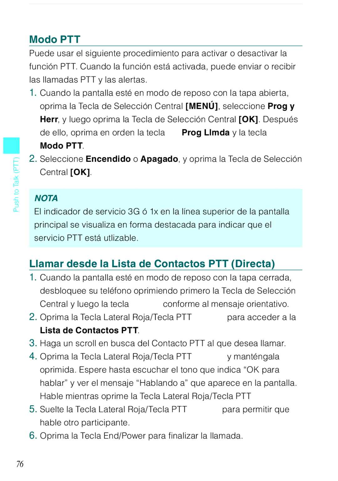 Casio C731 manual Modo PTT, Llamar desde la Lista de Contactos PTT Directa 