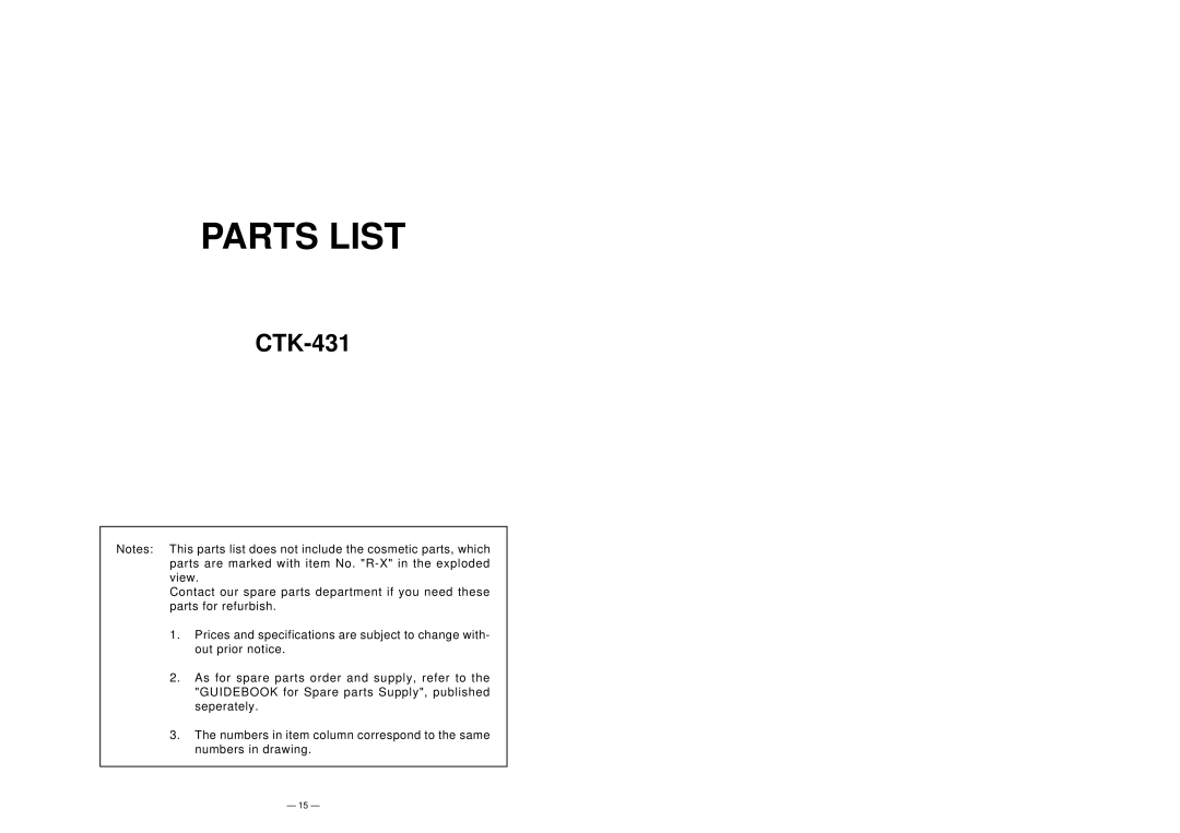 Casio casio electronic keyboard manual Parts List 