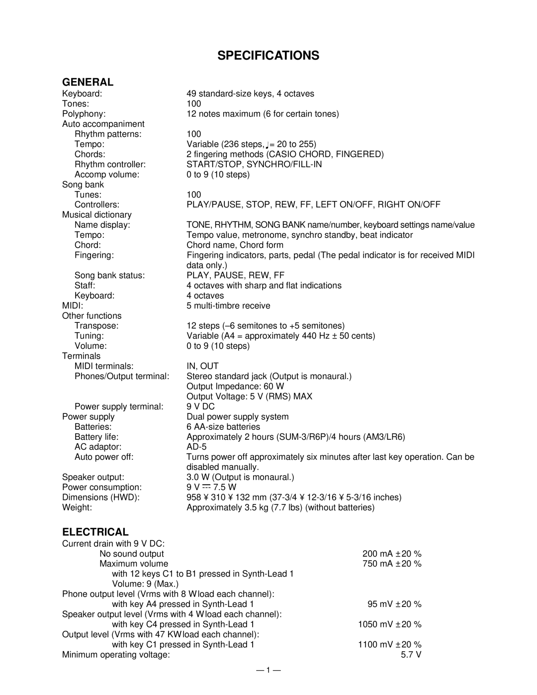 Casio casio electronic keyboard manual Specifications, General, Electrical 