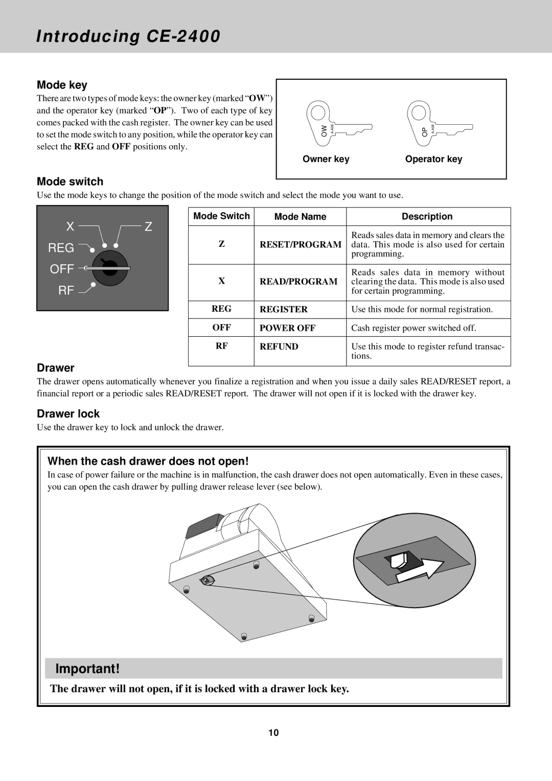 Casio CE-2400O instruction manual Mode key, Mode switch, Drawer lock, When the cash drawer does not open 