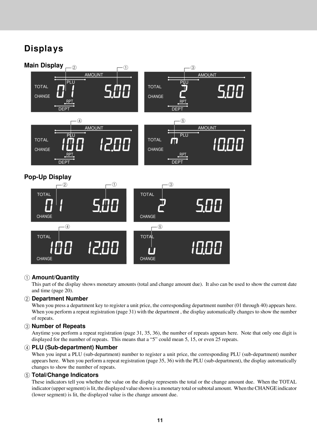 Casio CE-2400O instruction manual Displays, Main Display, Pop-Up Display 