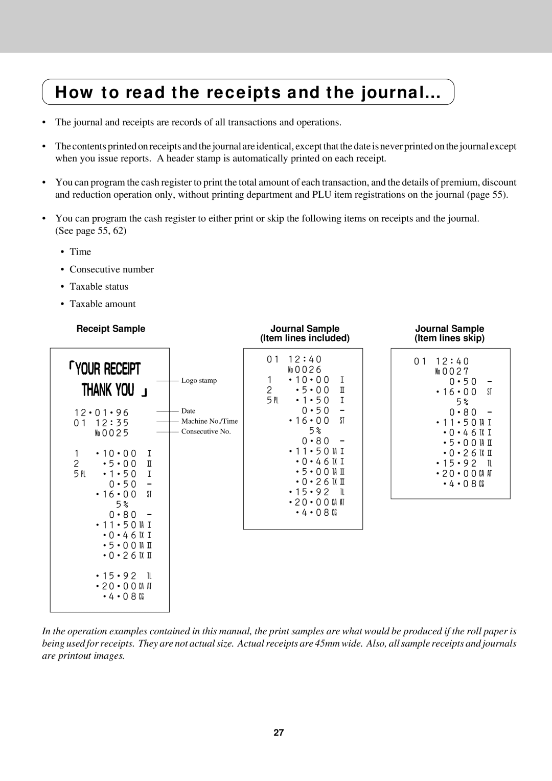 Casio CE-2400O How to read the receipts and the journal, Receipt Sample Journal Sample Item lines included 