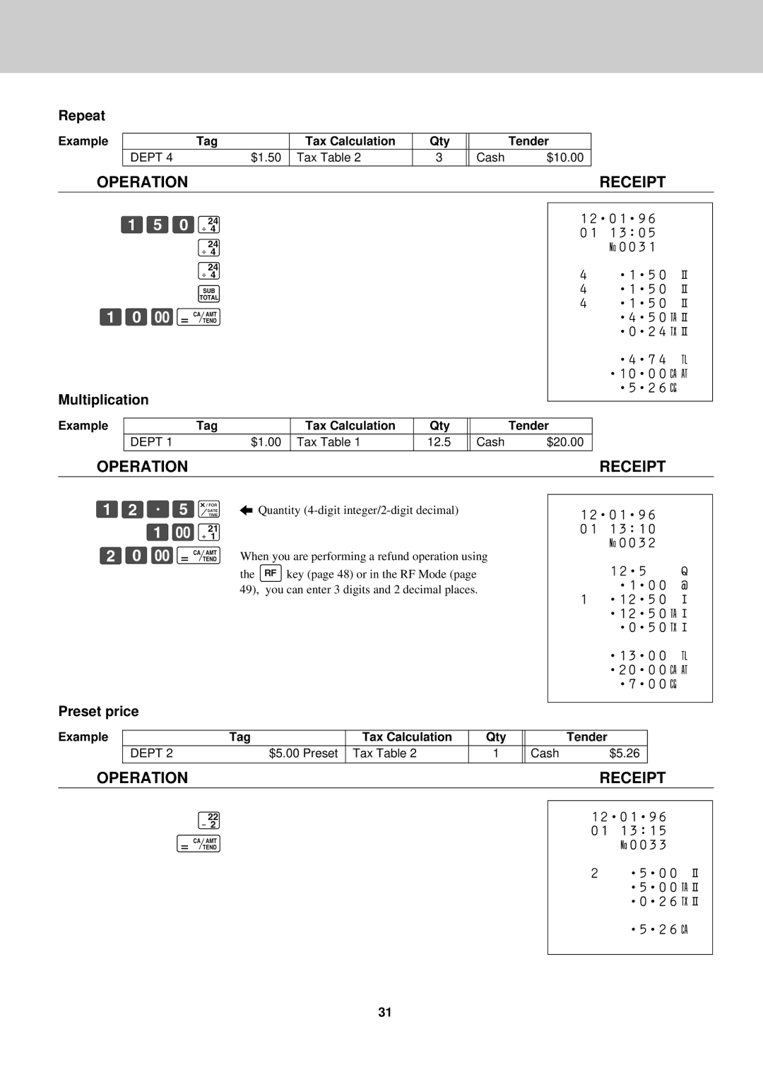 Casio CE-2400O instruction manual ÚÞâ¢, Repeat, Multiplication, Preset price 