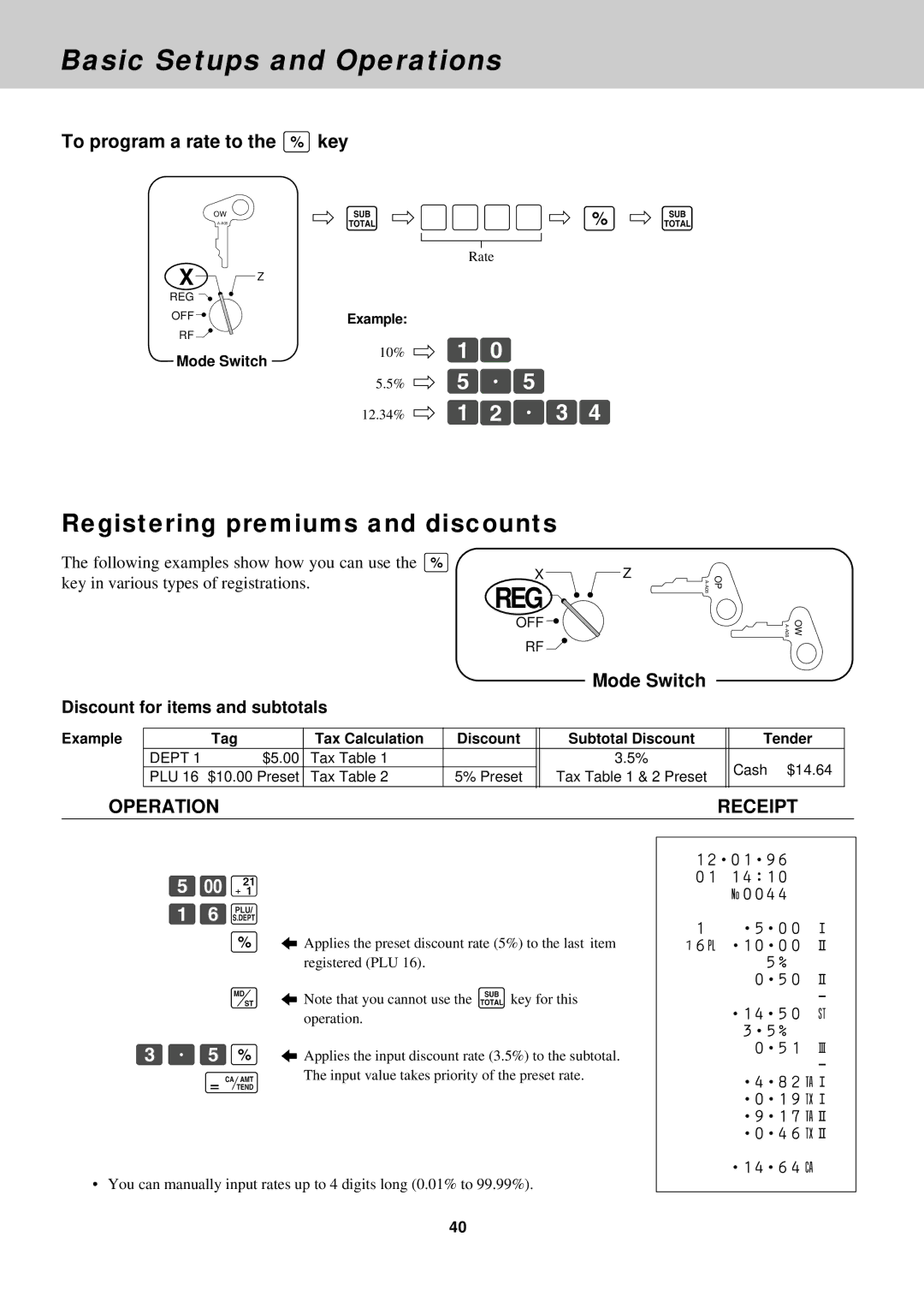 Casio CE-2400O instruction manual Registering premiums and discounts, To program a rate to the Pkey, ÞÑÁ Úßp 