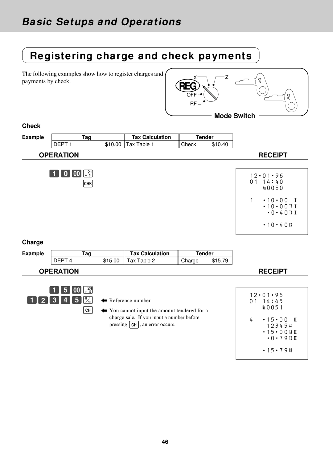 Casio CE-2400O instruction manual Registering charge and check payments, ÚâÑÁ k, Check, Charge 