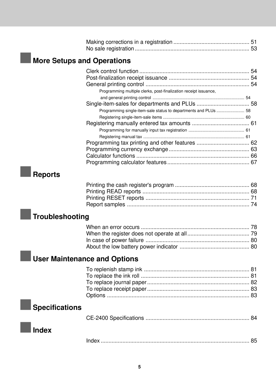 Casio CE-2400O More Setups and Operations, Reports, Troubleshooting, User Maintenance and Options, Specifications, Index 