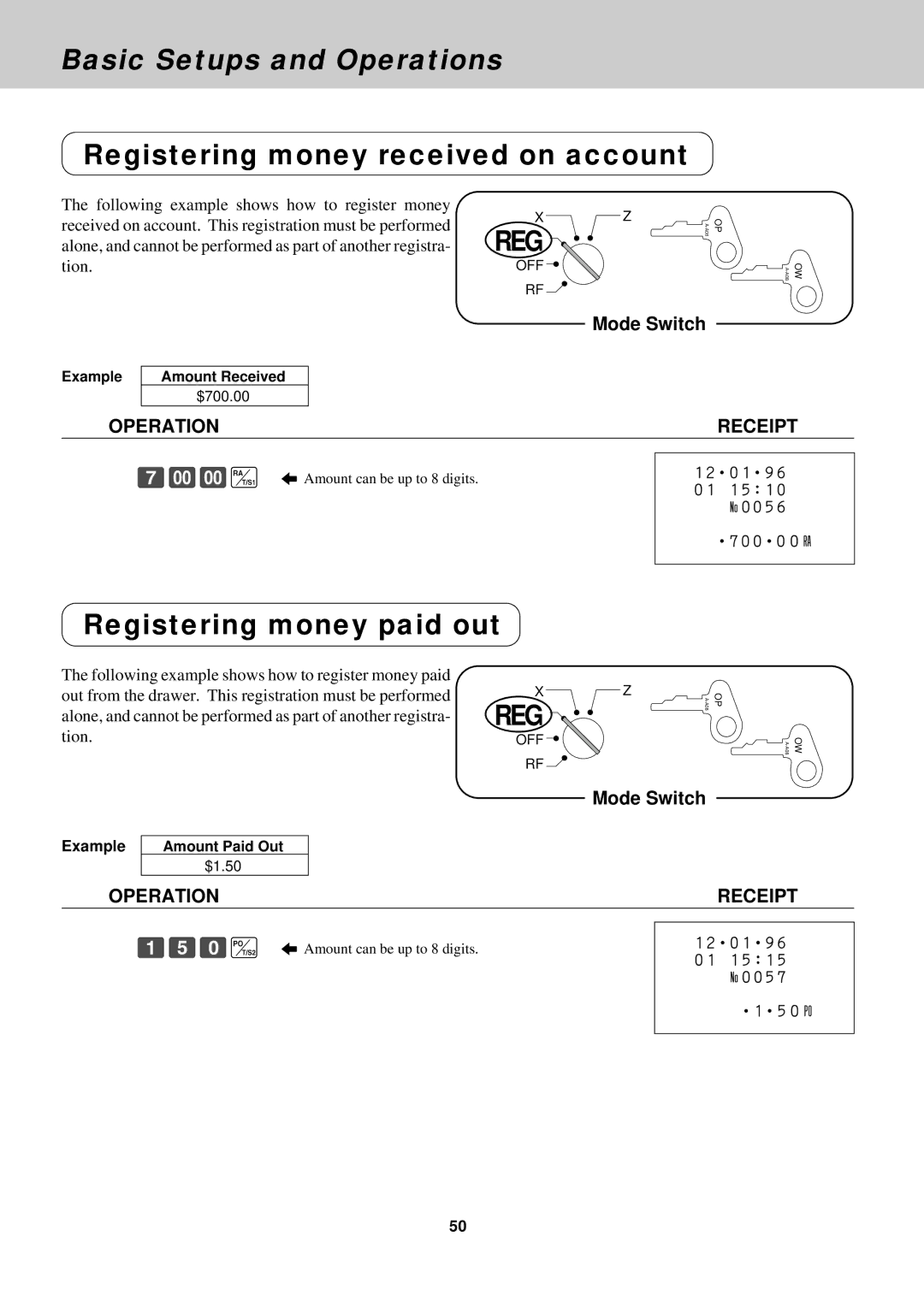 Casio CE-2400O instruction manual Registering money received on account, Registering money paid out 