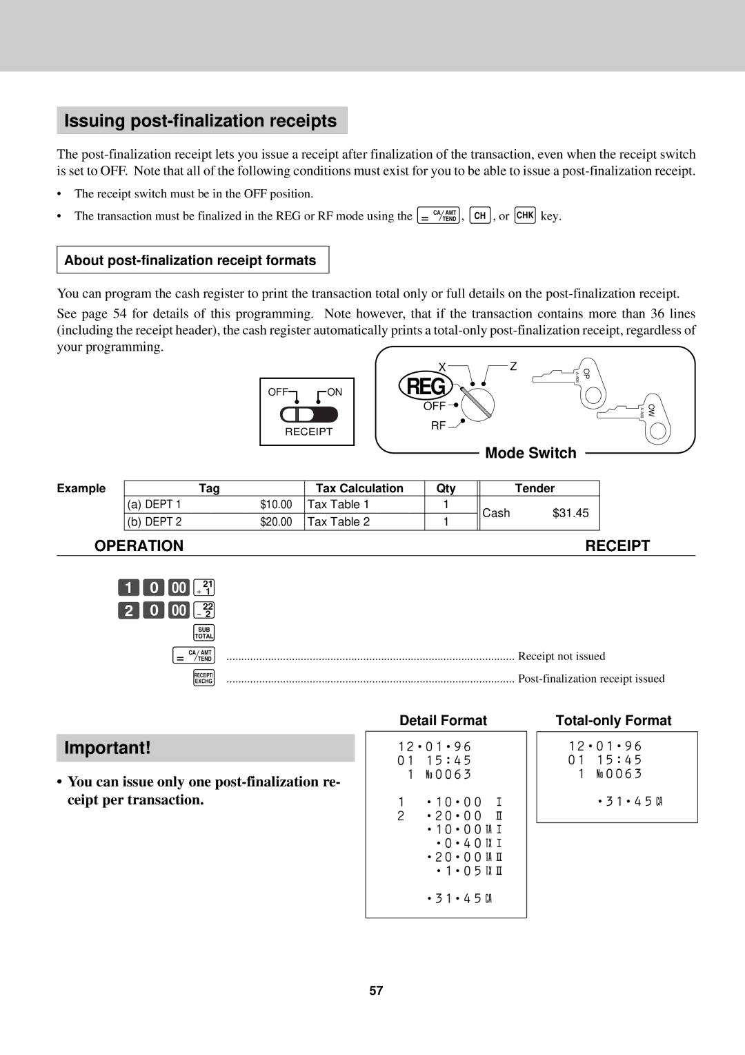 Casio CE-2400O instruction manual About post-finalization receipt formats, Detail Format, Total-only Format 