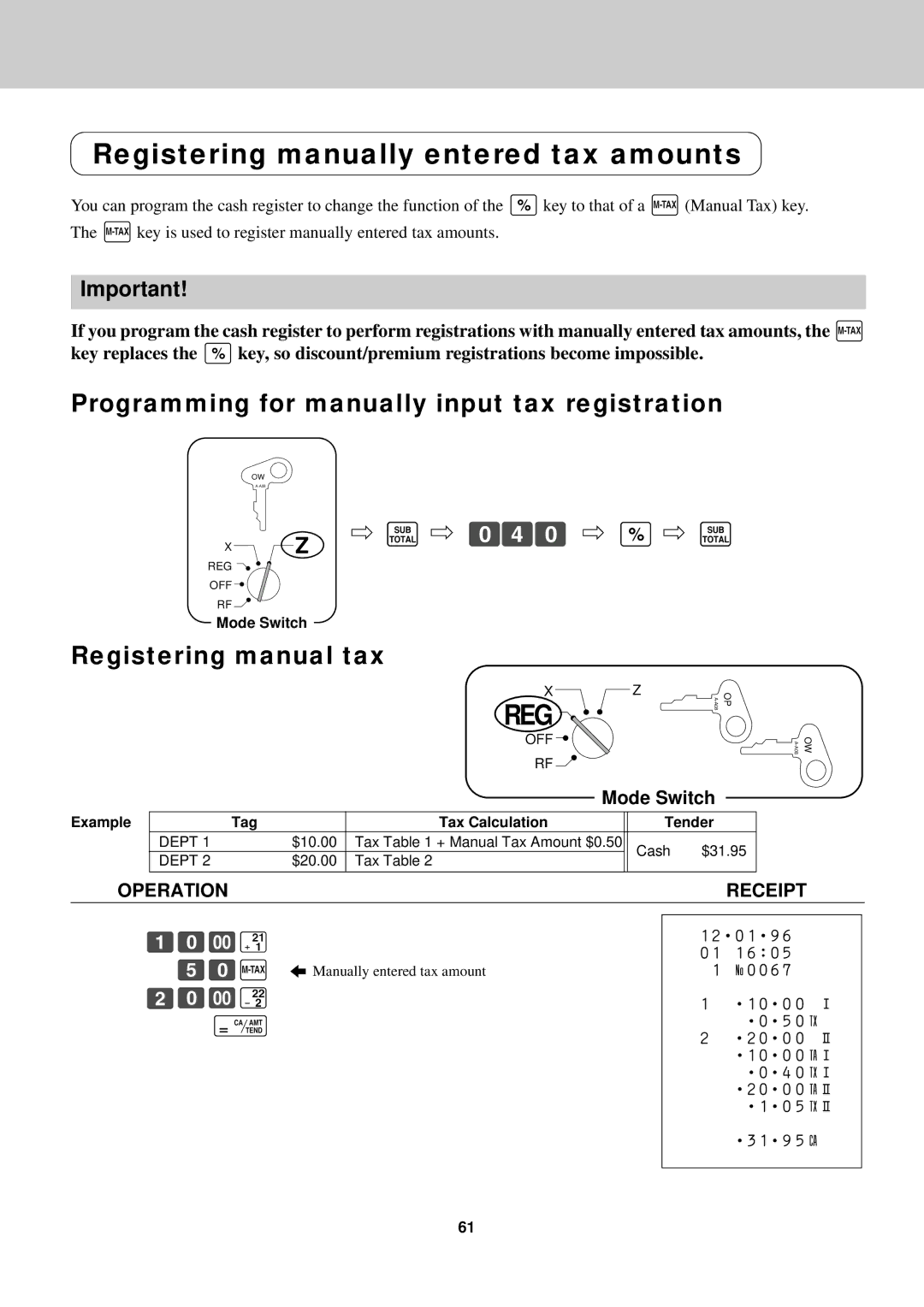 Casio CE-2400O Registering manually entered tax amounts, Programming for manually input tax registration, ÚâÑÁ, ÛâÑª c 