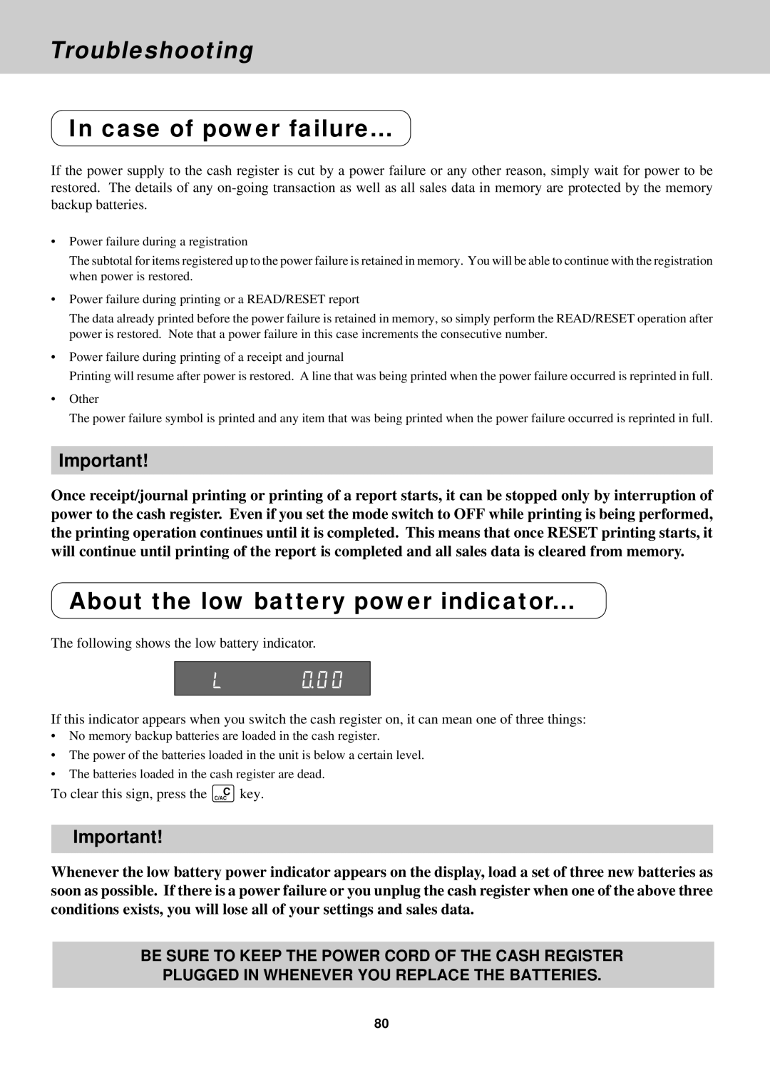 Casio CE-2400O instruction manual Case of power failure, About the low battery power indicator 