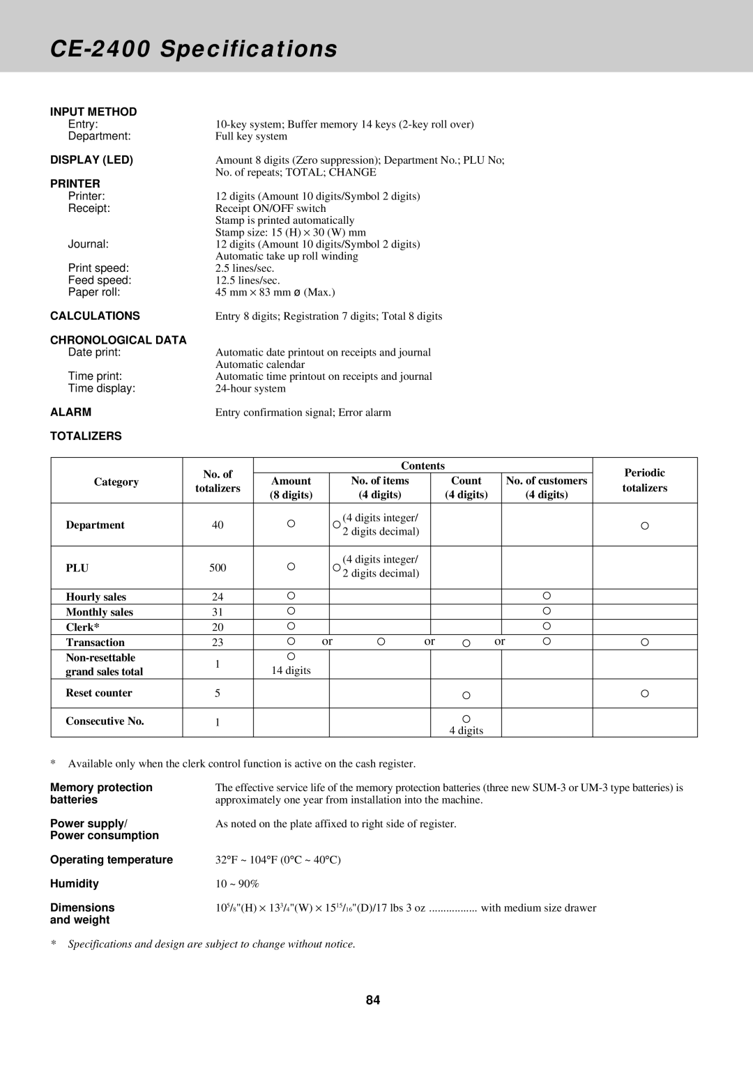 Casio CE-2400O instruction manual CE-2400 Specifications, Printer 