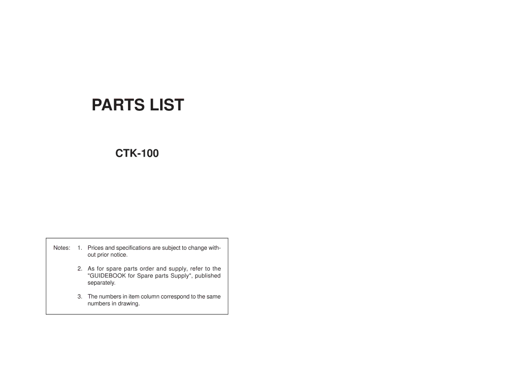 Casio CTK-100 manual Parts List 