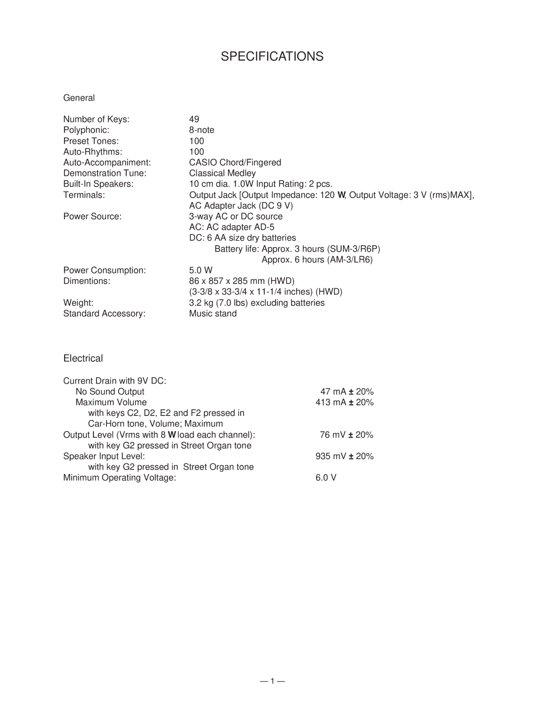 Casio CTK-100 manual Specifications, General 