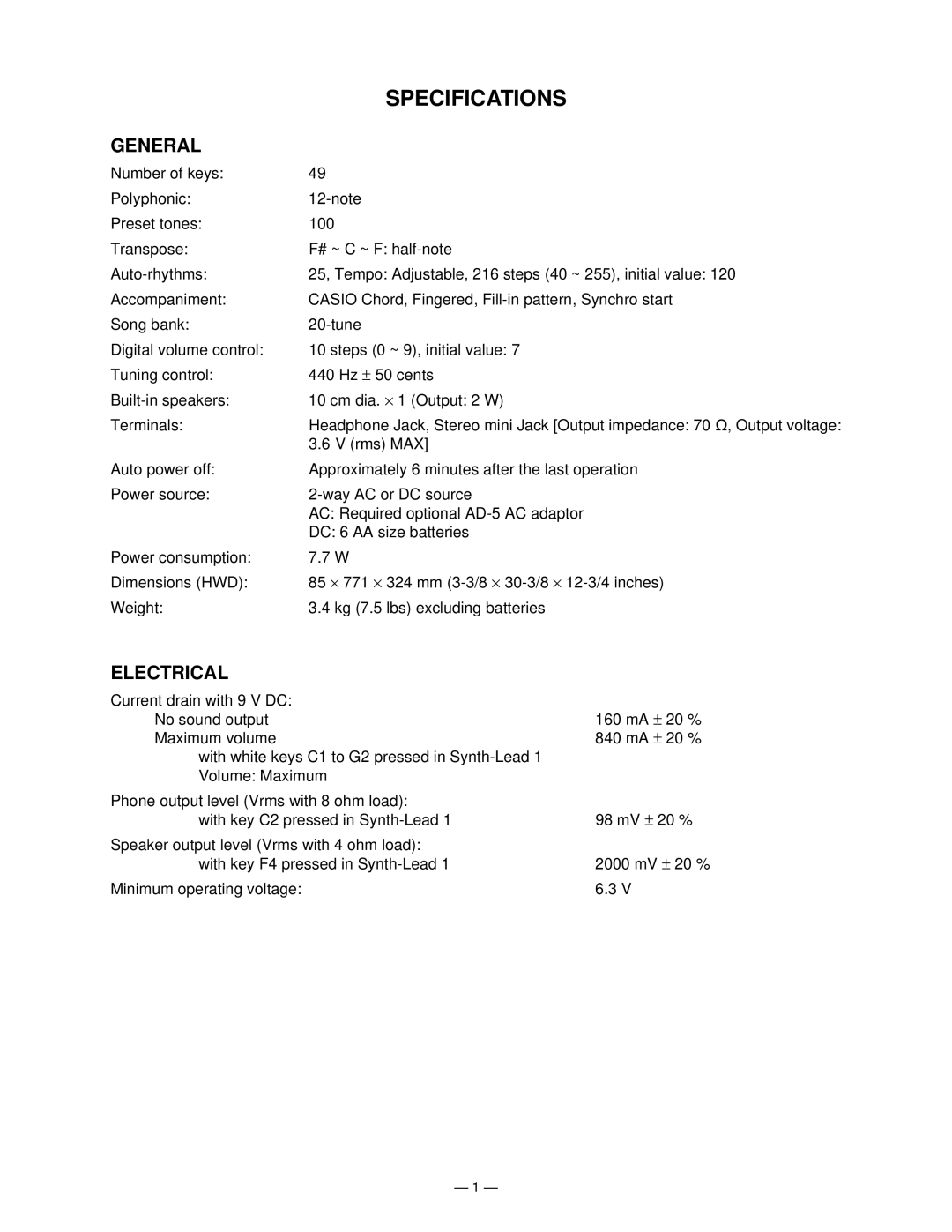 Casio CTK-220L manual Specifications, General 