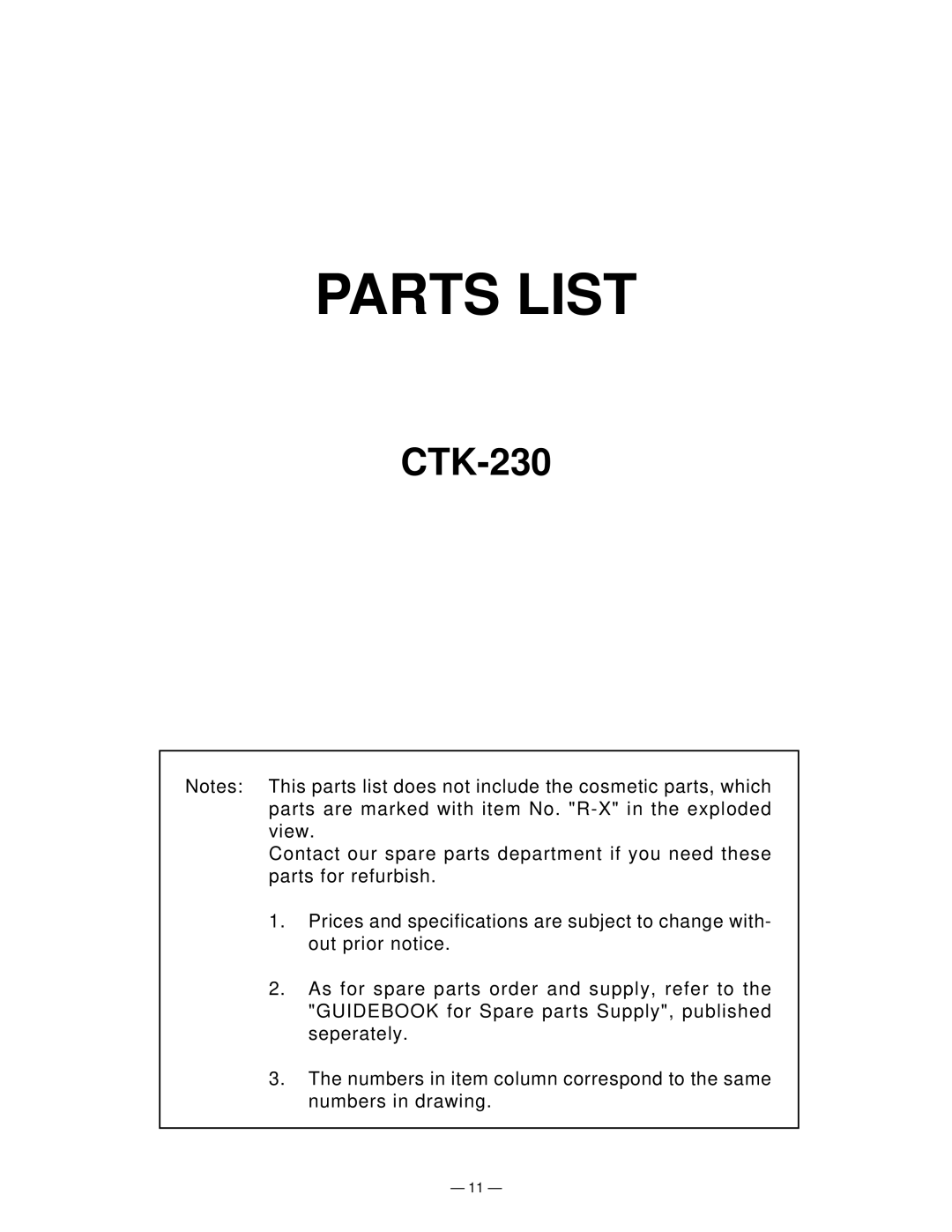 Casio CTK-230 Sep. 2003 manual Parts List 