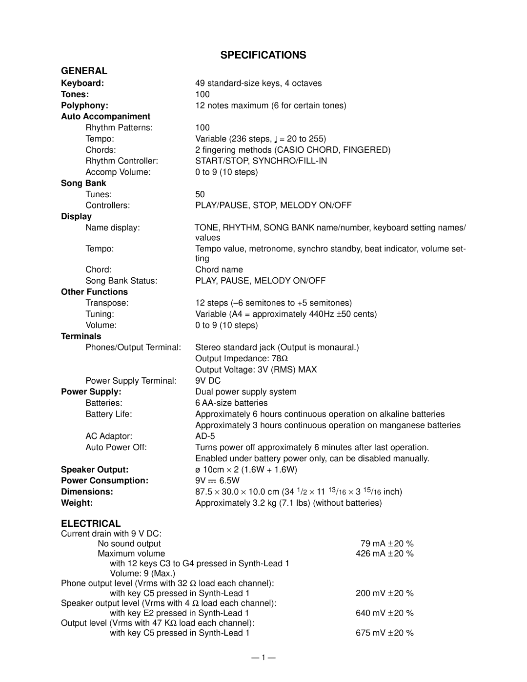 Casio CTK-230 Sep. 2003 manual Specifications 