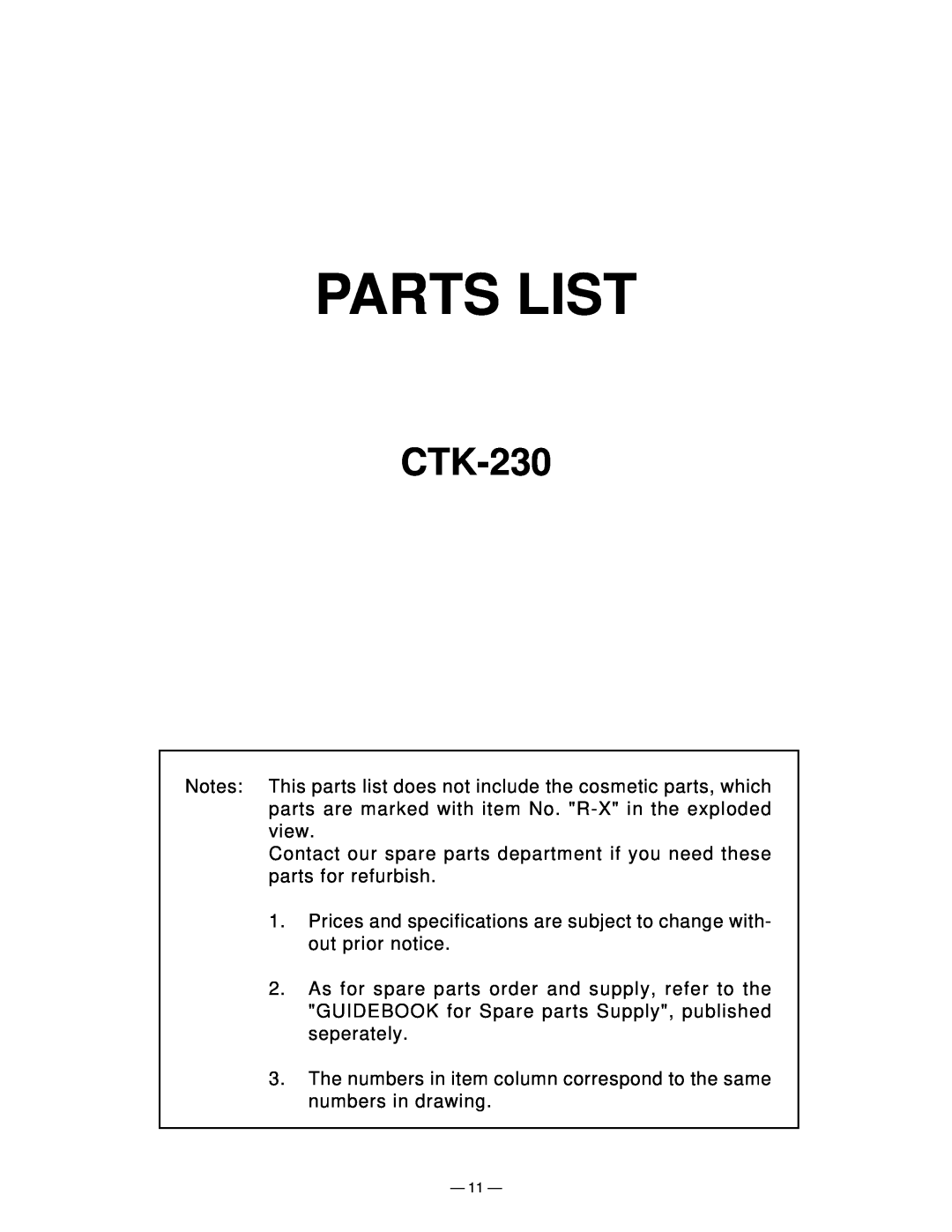 Casio CTK-230 Sep. 2003 manual Parts List 