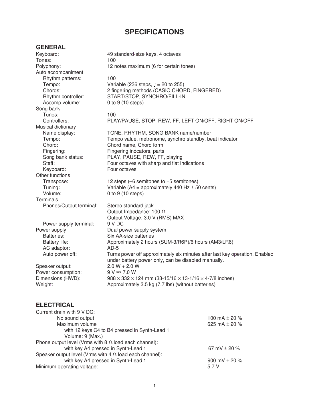 Casio CTK-401 manual Specifications, General, Electrical 