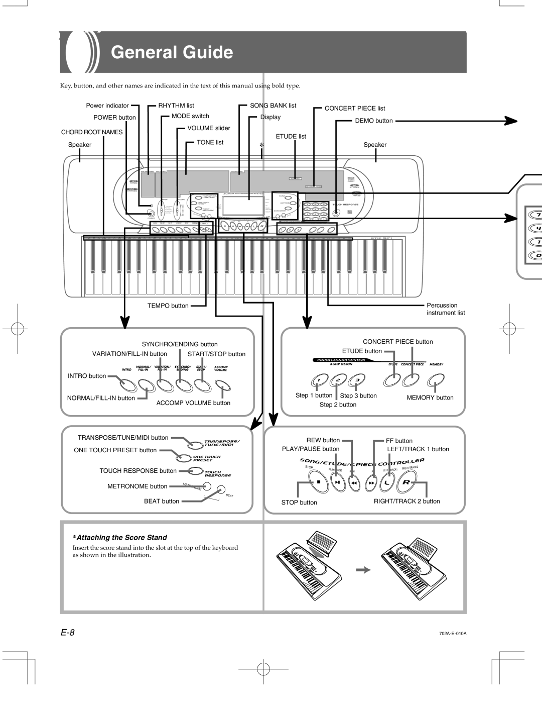 Casio CTK-571 manual General Guide, Attaching the Score Stand 