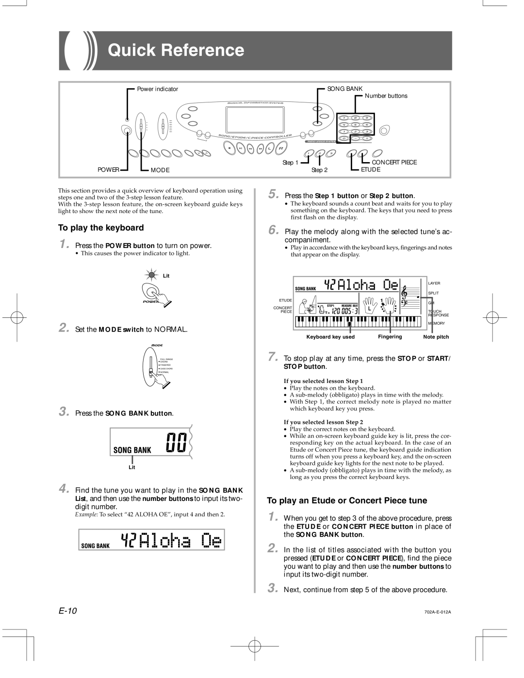 Casio CTK-571 Quick Reference, To play the keyboard, To play an Etude or Concert Piece tune, Set the Mode switch to Normal 