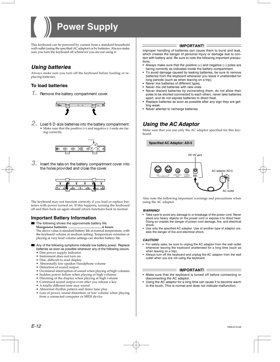 Casio CTK-571 manual Power Supply, Using batteries, Using the AC Adaptor, To load batteries, Important Battery Information 