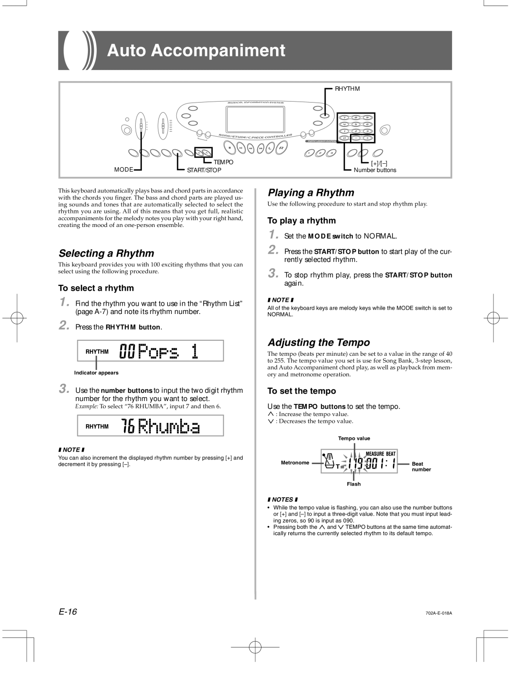 Casio CTK-571 manual Auto Accompaniment, Selecting a Rhythm, Playing a Rhythm, Adjusting the Tempo 