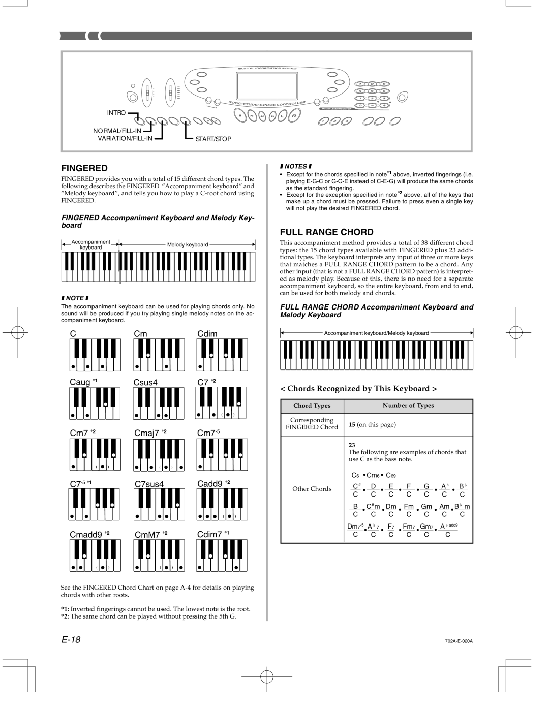 Casio CTK-571 manual Csus4 Cm7 Cmaj7, C7sus4 Cadd9 Cmadd9 CmM7 Cdim7, Fingered Accompaniment Keyboard and Melody Key- board 