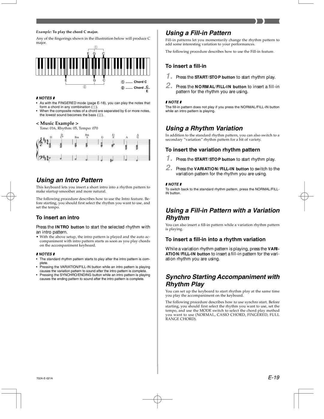 Casio CTK-571 manual Using an Intro Pattern, Using a Fill-in Pattern, Using a Rhythm Variation 