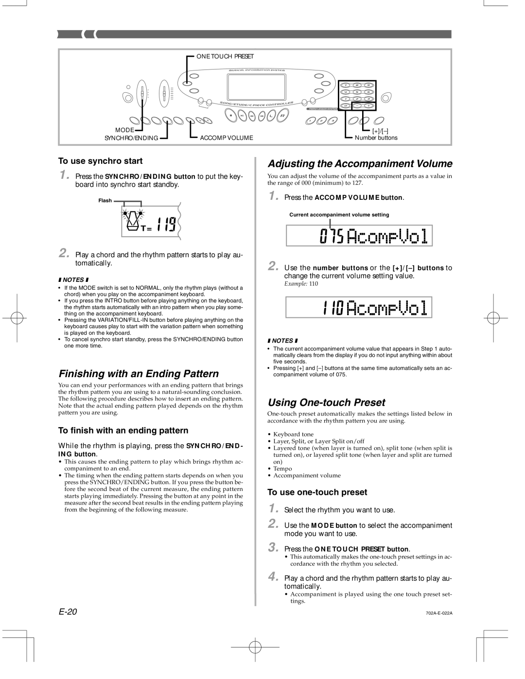 Casio CTK-571 manual Finishing with an Ending Pattern, Adjusting the Accompaniment Volume, Using One-touch Preset 