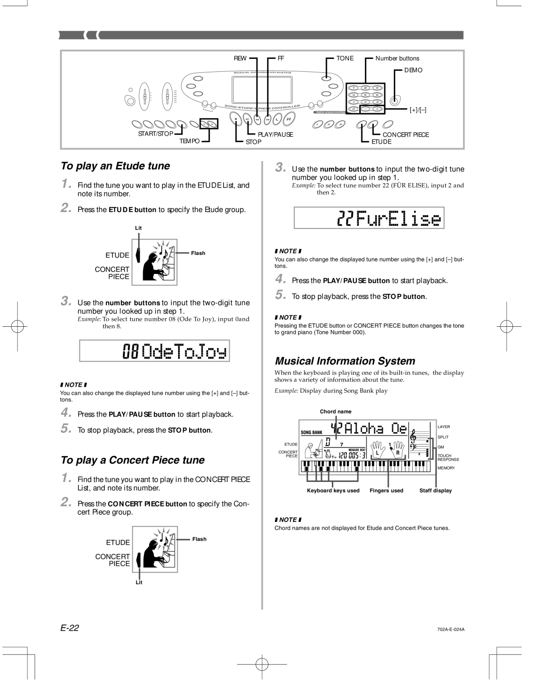 Casio CTK-571 manual To play an Etude tune, To play a Concert Piece tune, Musical Information System 