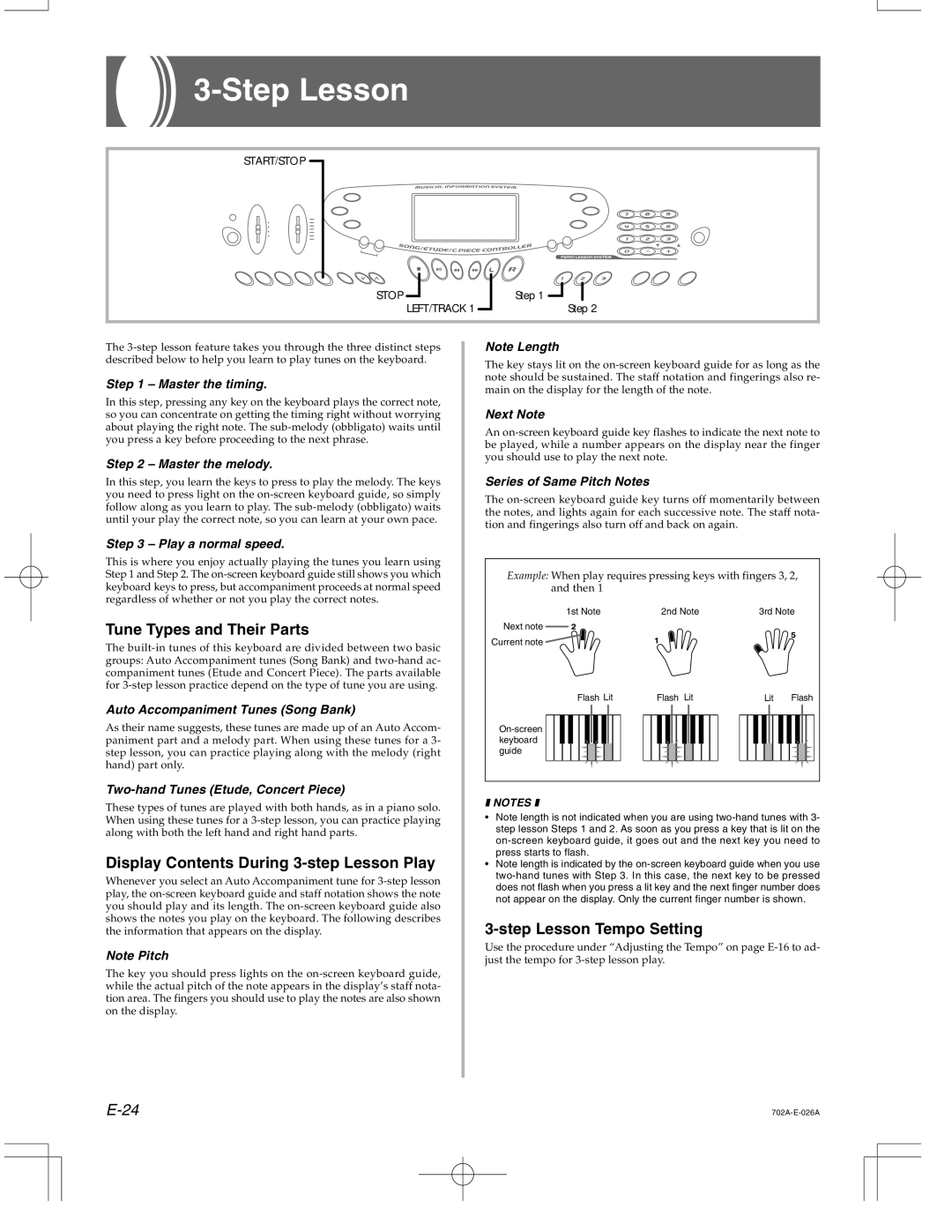 Casio CTK-571 manual Step Lesson, Tune Types and Their Parts, Display Contents During 3-step Lesson Play 