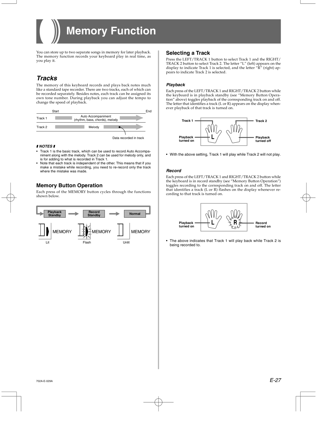 Casio CTK-571 manual Memory Function, Tracks, Memory Button Operation, Selecting a Track 