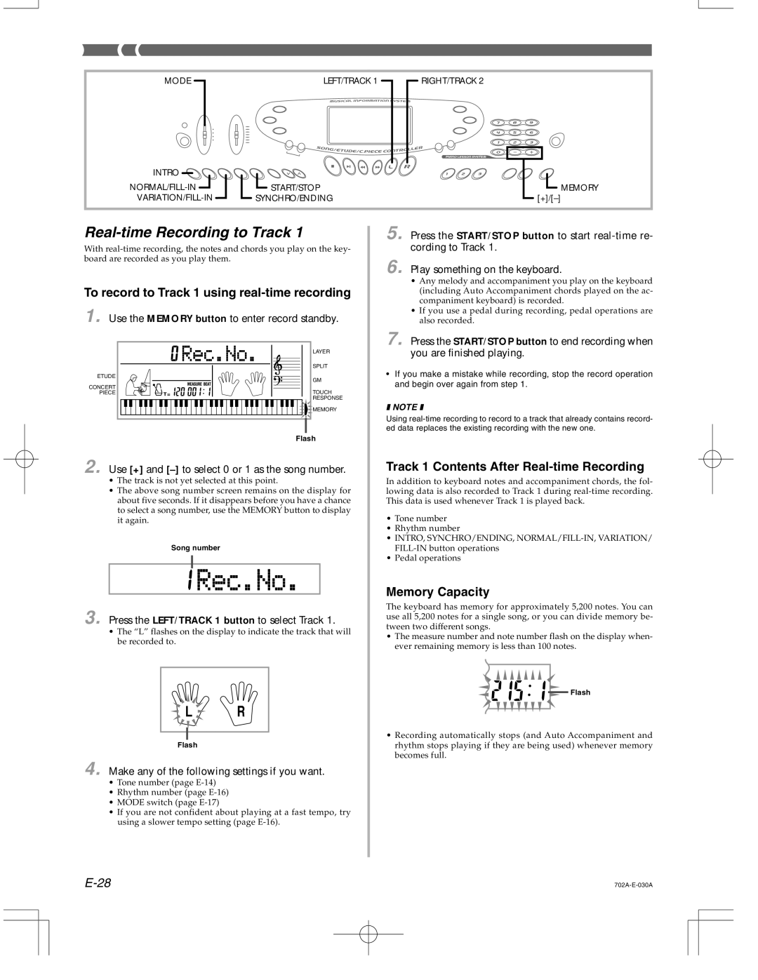 Casio CTK-571 manual Real-time Recording to Track, To record to Track 1 using real-time recording, Memory Capacity 