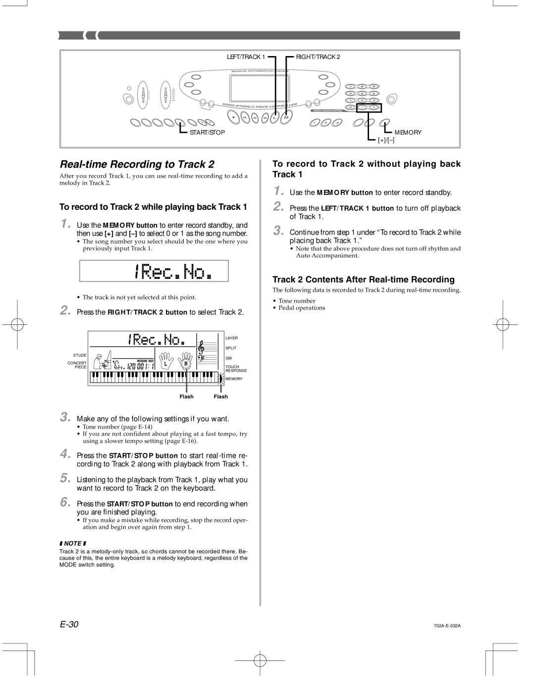 Casio CTK-571 manual To record to Track 2 while playing back Track, To record to Track 2 without playing back Track 