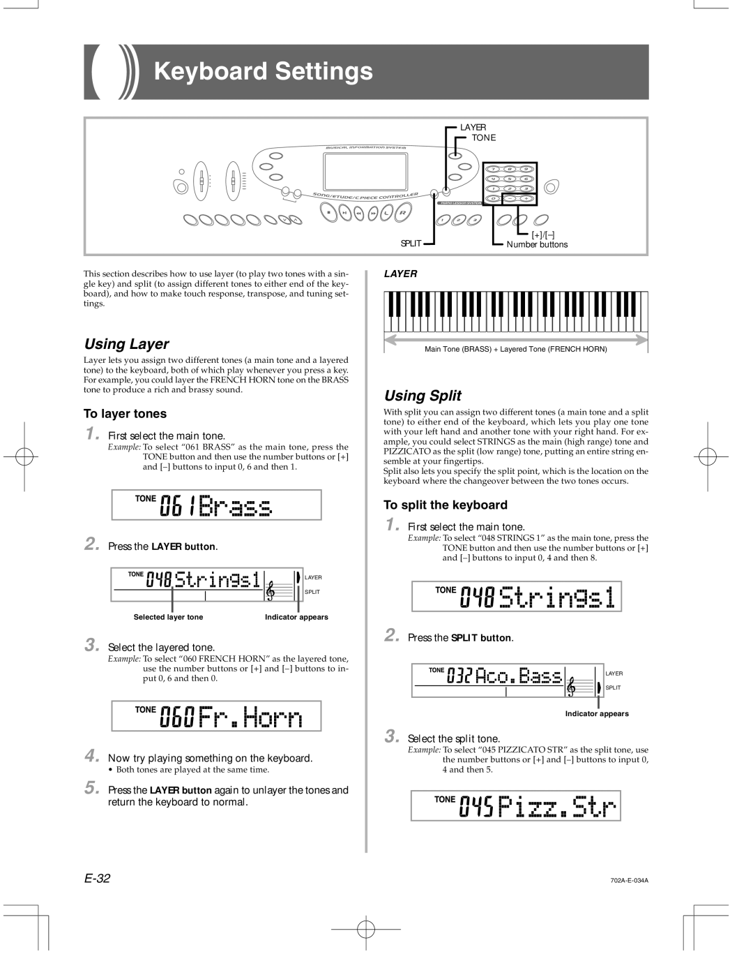 Casio CTK-571 manual Keyboard Settings, Using Layer, Using Split, To layer tones, To split the keyboard 