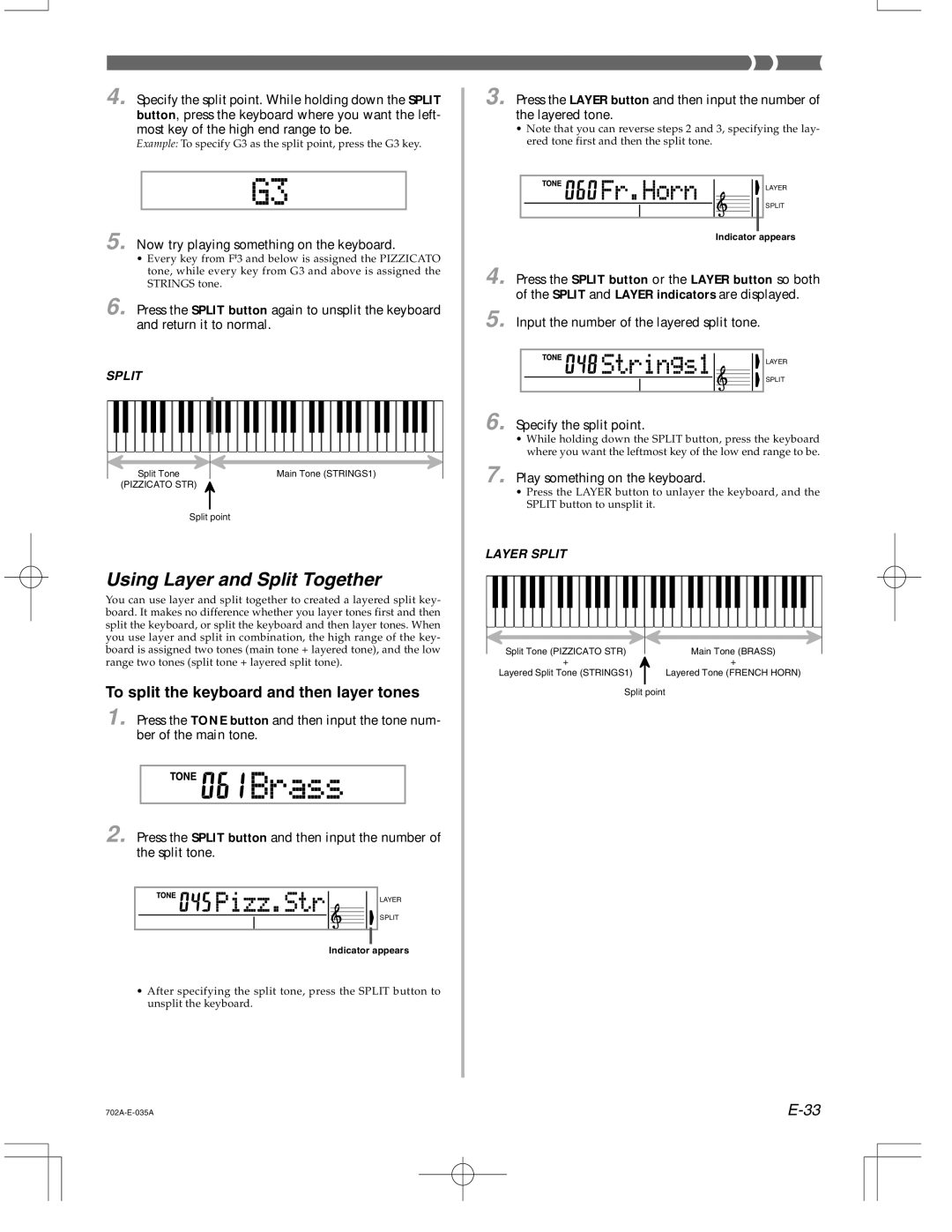 Casio CTK-571 manual Using Layer and Split Together, To split the keyboard and then layer tones, Specify the split point 