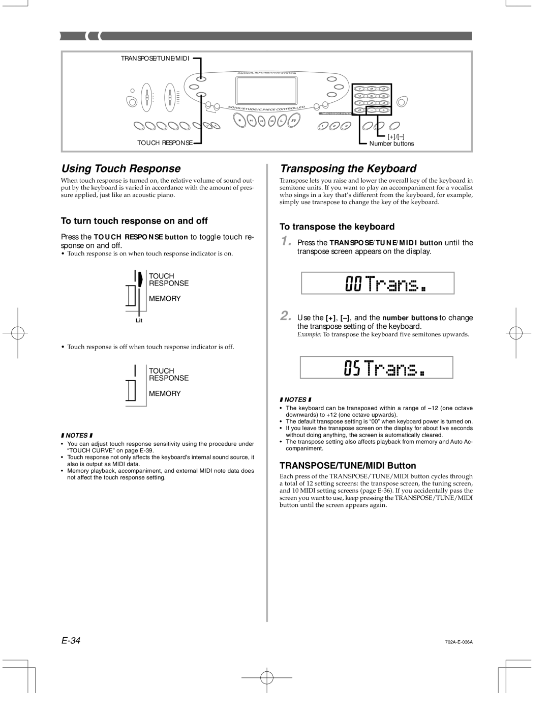 Casio CTK-571 Using Touch Response, Transposing the Keyboard, To turn touch response on and off, To transpose the keyboard 