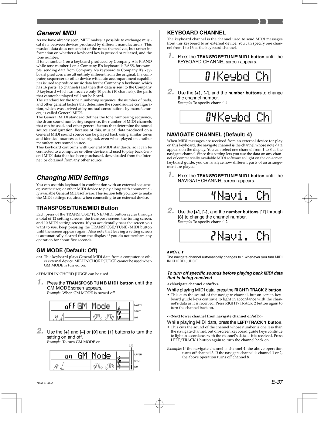 Casio CTK-571 manual General Midi, Changing Midi Settings, GM Mode Default Off, Navigate Channel Default 