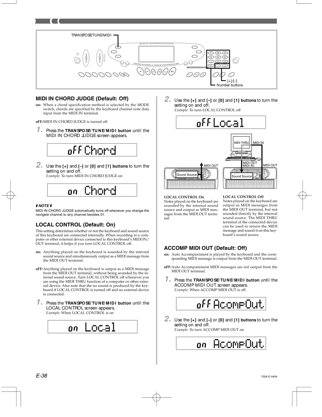 Casio CTK-571 manual Midi in Chord Judge Default Off, Local Control Default On, Accomp Midi OUT Default Off 