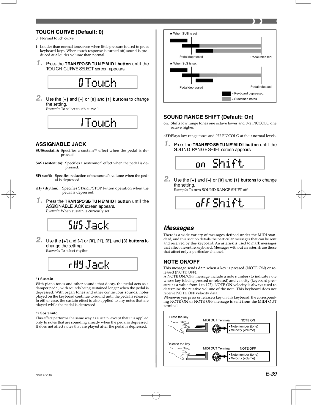 Casio CTK-571 manual Messages, Touch Curve Default, Sound Range Shift Default On 